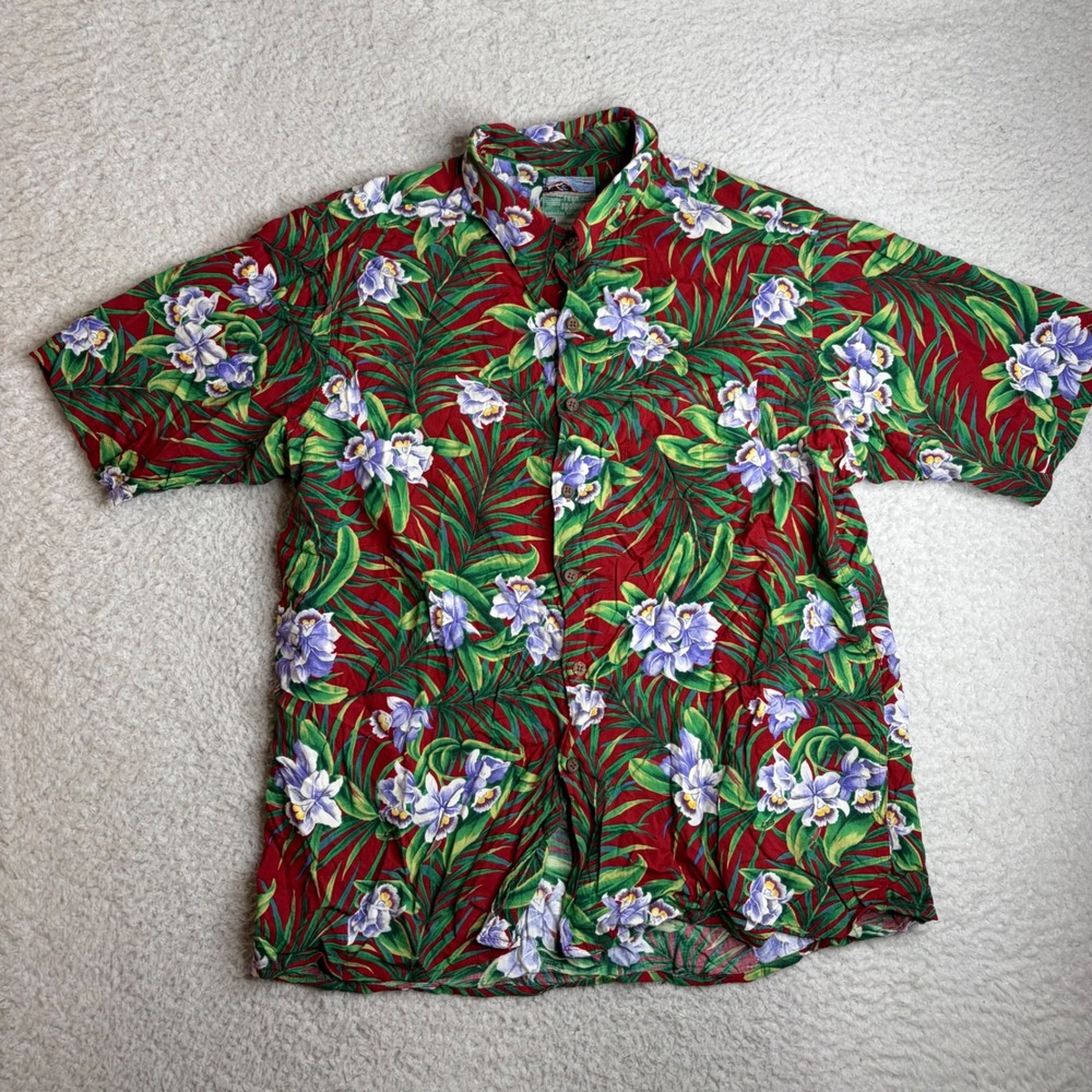 Reyn Spooner Hawaiian Shirt Mens Large Red Floral Orchid spun Rayon diamond head